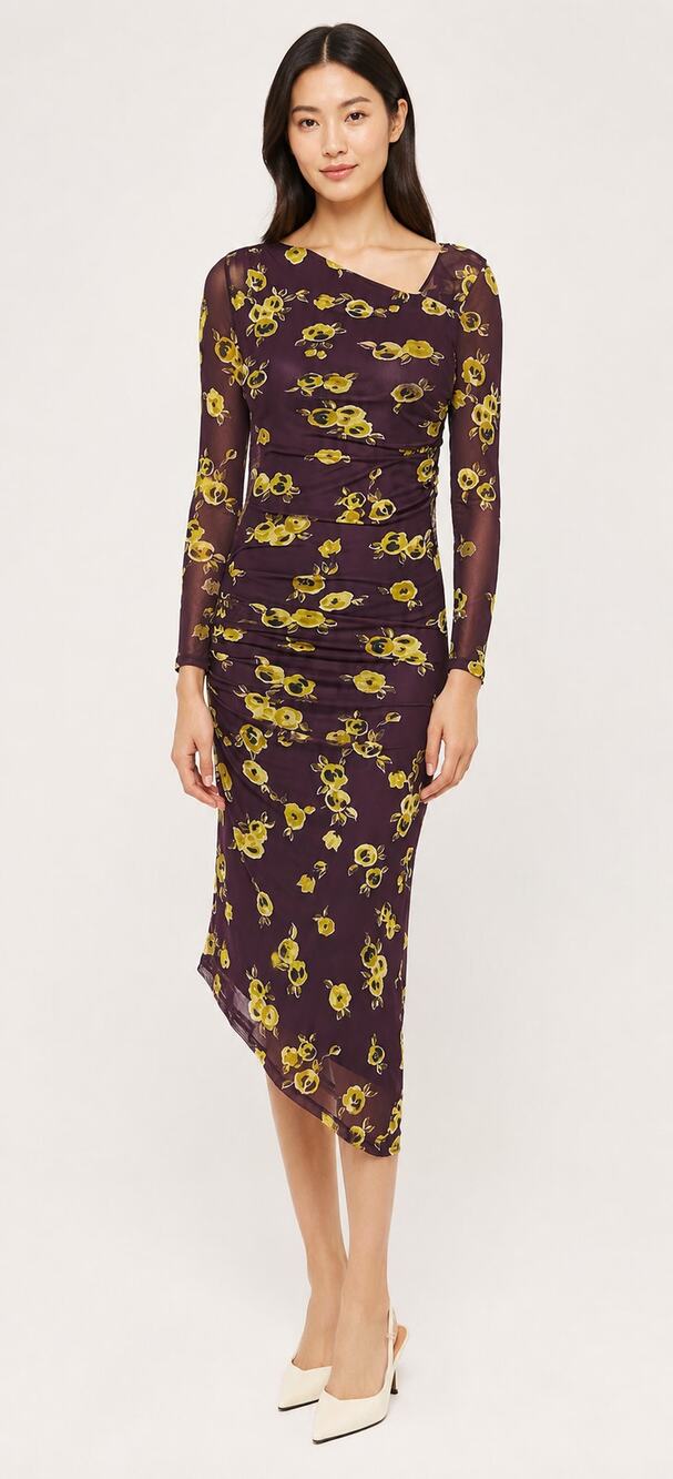 Calvin Klein Floral Long Sleeve Midi Bodycon Dress Purple Yellow Womens Large